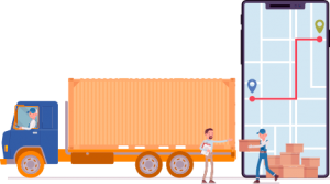 Imagem vetorizada de caminhão sendo carrgado com produtos, representando uma logistica para e-commerce em funcionamento