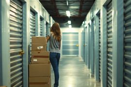 Fotografia interior de uma unidade de armazenamento self storage com uma pessoa organizando caixas mostrando a facilidade e segurança