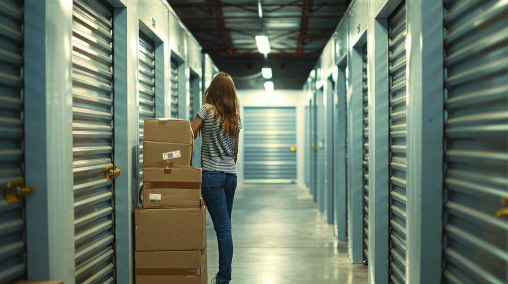 Fotografia interior de uma unidade de armazenamento self storage com uma pessoa organizando caixas mostrando a facilidade e segurança